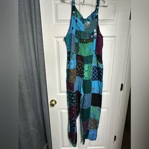 Patchwork Overalls in Blue and Green nwt